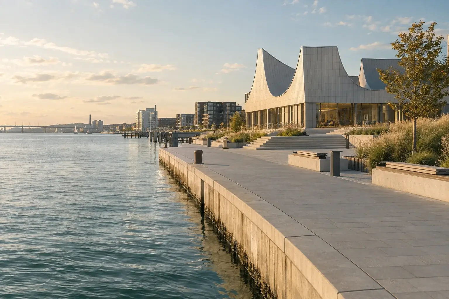 Aftenstemning langs havnefronten i Aalborg