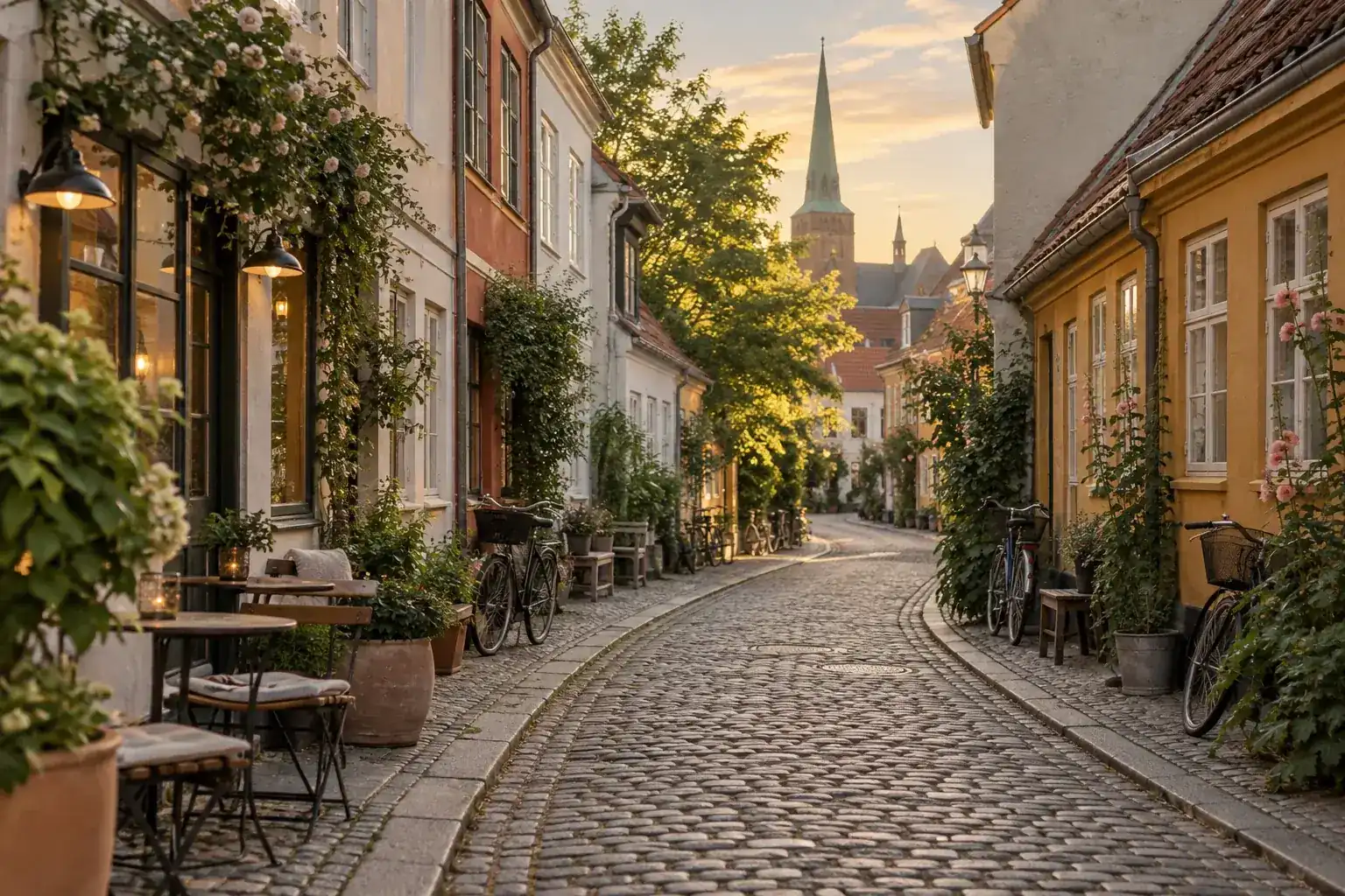 Hyggelig gade med caféer i Latinerkvarteret i Aarhus