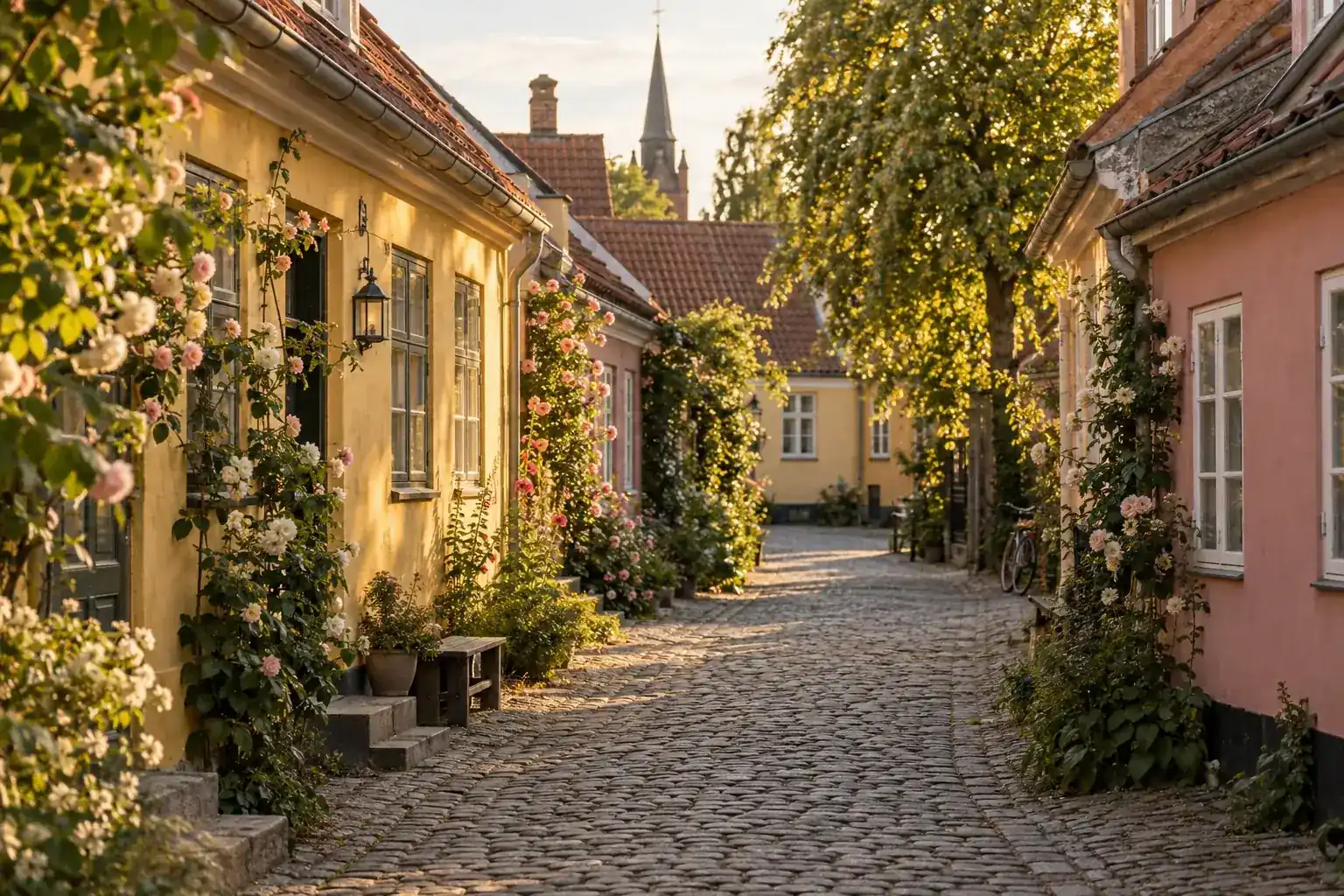 Brostensgade og historiske huse i den gamle bydel i Odense