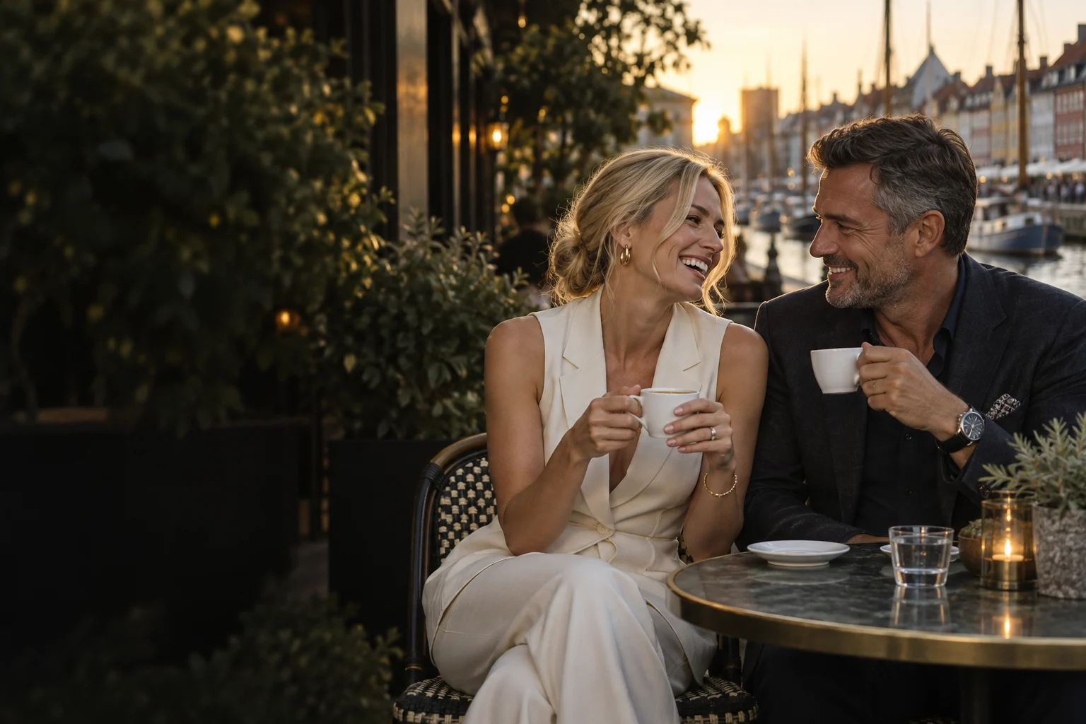 Et voksent par nyder en samtale på en café ved vandet